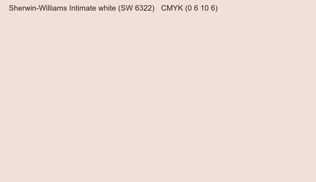 Color Sherwin-Williams Intimate white (SW 6322) to CMYK (0 6 10 6) converter Color Sherwin-Williams Intimate white (SW 6322) to CMYK (0 6 10 6) converter