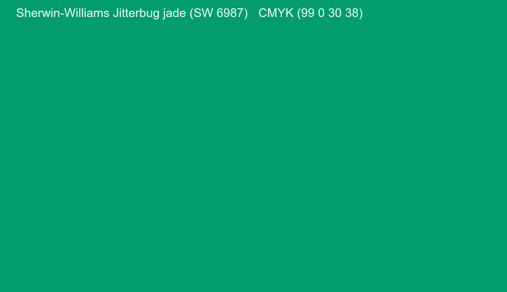 Color Sherwin-Williams Jitterbug jade (SW 6987) to CMYK (99 0 30 38) converter Color Sherwin-Williams Jitterbug jade (SW 6987) to CMYK (99 0 30 38) converter