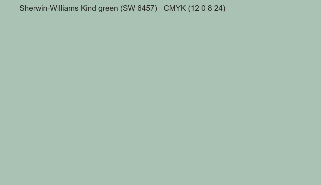 Color Sherwin-Williams Kind green (SW 6457) to CMYK (12 0 8 24) converter Color Sherwin-Williams Kind green (SW 6457) to CMYK (12 0 8 24) converter