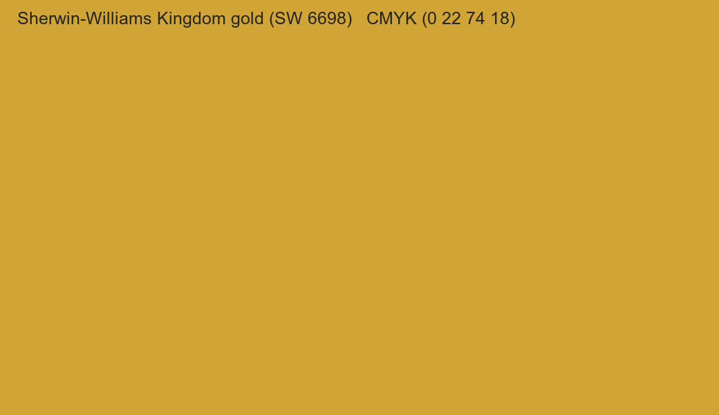 Color Sherwin-Williams Kingdom gold (SW 6698) to CMYK (0 22 74 18) converter Color Sherwin-Williams Kingdom gold (SW 6698) to CMYK (0 22 74 18) converter