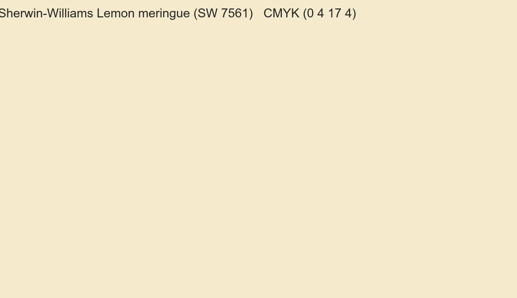 Color Sherwin-Williams Lemon meringue (SW 7561) to CMYK (0 4 17 4) converter Color Sherwin-Williams Lemon meringue (SW 7561) to CMYK (0 4 17 4) converter