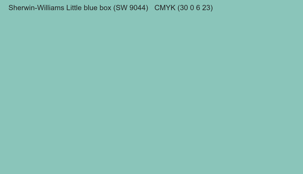 Color Sherwin-Williams Little blue box (SW 9044) to CMYK (30 0 6 23) converter Color Sherwin-Williams Little blue box (SW 9044) to CMYK (30 0 6 23) converter