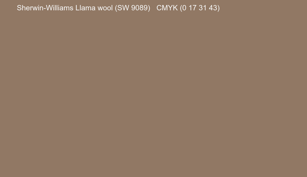 Color Sherwin-Williams Llama wool (SW 9089) to CMYK (0 17 31 43) converter Color Sherwin-Williams Llama wool (SW 9089) to CMYK (0 17 31 43) converter
