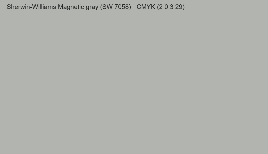Color Sherwin-Williams Magnetic gray (SW 7058) to CMYK (2 0 3 29) converter Color Sherwin-Williams Magnetic gray (SW 7058) to CMYK (2 0 3 29) converter