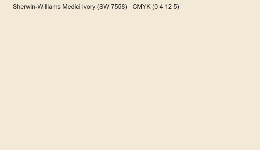 Color Sherwin-Williams Medici ivory (SW 7558) to CMYK (0 4 12 5) converter Color Sherwin-Williams Medici ivory (SW 7558) to CMYK (0 4 12 5) converter
