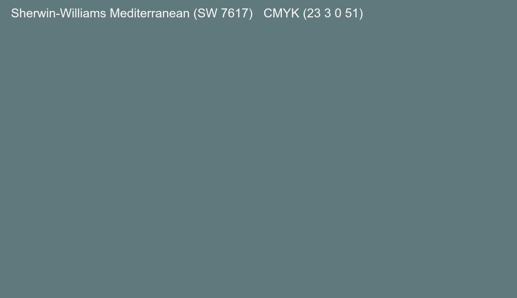 Color Sherwin-Williams Mediterranean (SW 7617) to CMYK (23 3 0 51) converter Color Sherwin-Williams Mediterranean (SW 7617) to CMYK (23 3 0 51) converter