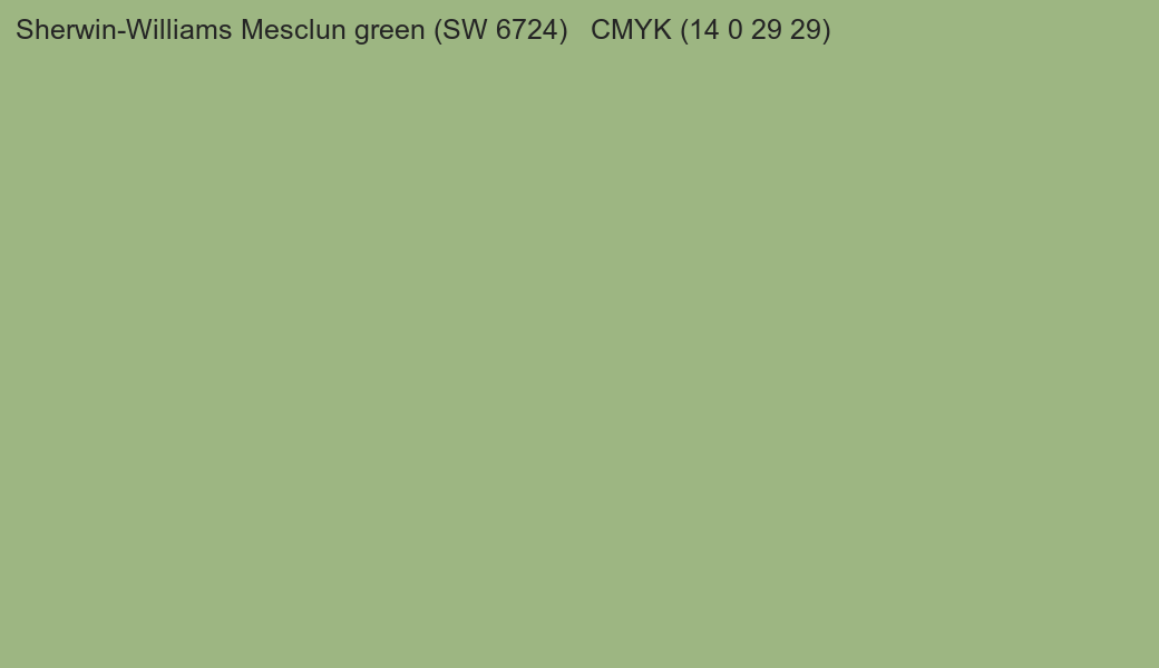 Color Sherwin-Williams Mesclun green (SW 6724) to CMYK (14 0 29 29) converter Color Sherwin-Williams Mesclun green (SW 6724) to CMYK (14 0 29 29) converter