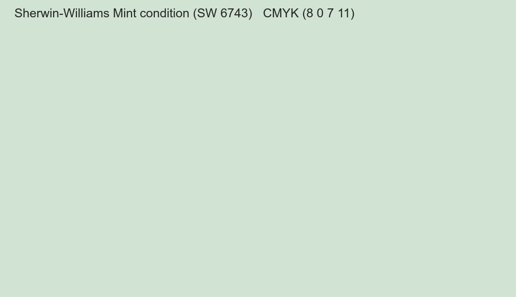Color Sherwin-Williams Mint condition (SW 6743) to CMYK (8 0 7 11) converter Color Sherwin-Williams Mint condition (SW 6743) to CMYK (8 0 7 11) converter