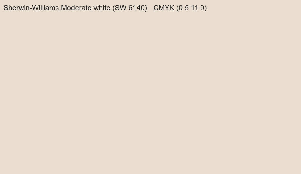Color Sherwin-Williams Moderate white (SW 6140) to CMYK (0 5 11 9) converter Color Sherwin-Williams Moderate white (SW 6140) to CMYK (0 5 11 9) converter