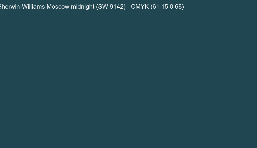 Color Sherwin-Williams Moscow midnight (SW 9142) to CMYK (61 15 0 68) converter Color Sherwin-Williams Moscow midnight (SW 9142) to CMYK (61 15 0 68) converter