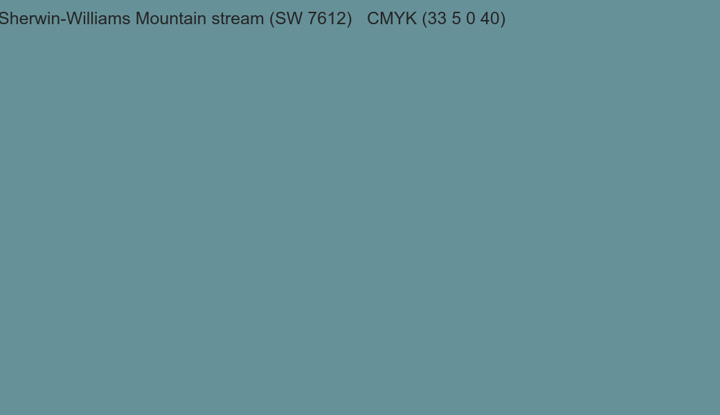 Color Sherwin-Williams Mountain stream (SW 7612) to CMYK (33 5 0 40) converter Color Sherwin-Williams Mountain stream (SW 7612) to CMYK (33 5 0 40) converter