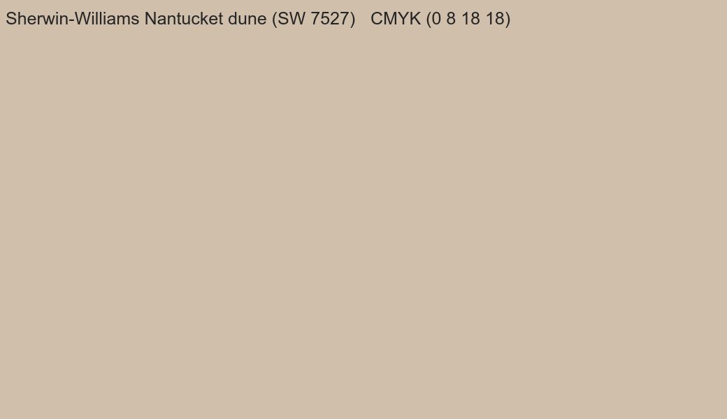 Color Sherwin-Williams Nantucket dune (SW 7527) to CMYK (0 8 18 18) converter Color Sherwin-Williams Nantucket dune (SW 7527) to CMYK (0 8 18 18) converter