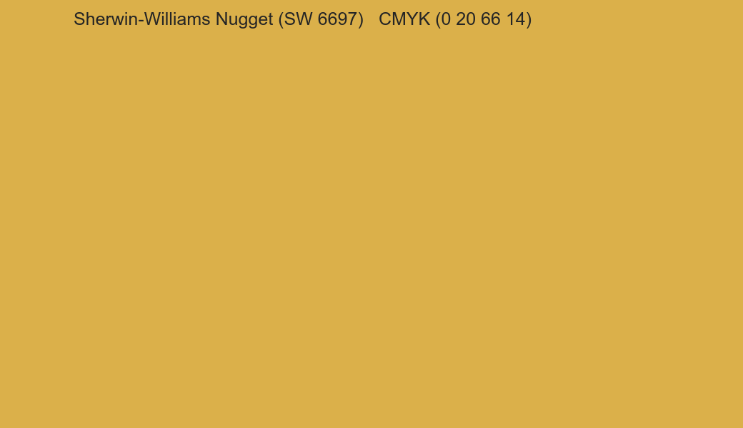 Color Sherwin-Williams Nugget (SW 6697) to CMYK (0 20 66 14) converter Color Sherwin-Williams Nugget (SW 6697) to CMYK (0 20 66 14) converter