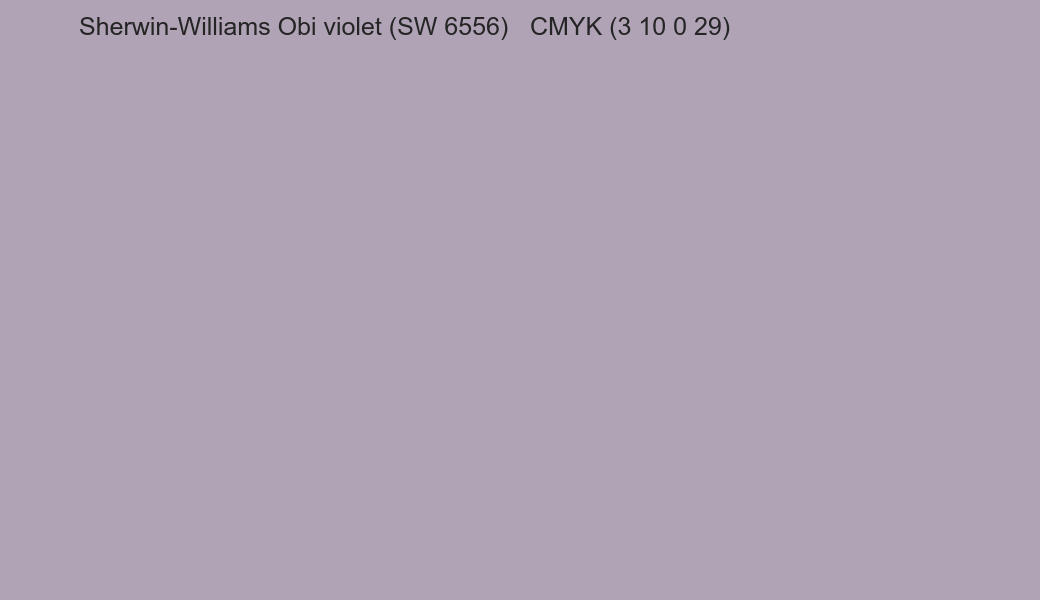 Color Sherwin-Williams Obi violet (SW 6556) to CMYK (3 10 0 29) converter Color Sherwin-Williams Obi violet (SW 6556) to CMYK (3 10 0 29) converter