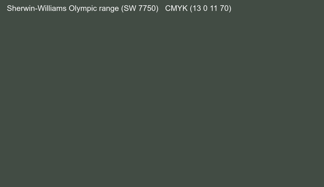 Color Sherwin-Williams Olympic range (SW 7750) to CMYK (13 0 11 70) converter Color Sherwin-Williams Olympic range (SW 7750) to CMYK (13 0 11 70) converter