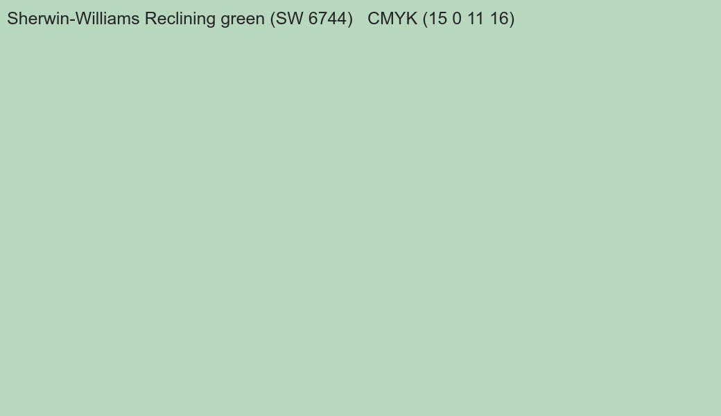 Color Sherwin-Williams Reclining green (SW 6744) to CMYK (15 0 11 16) converter Color Sherwin-Williams Reclining green (SW 6744) to CMYK (15 0 11 16) converter