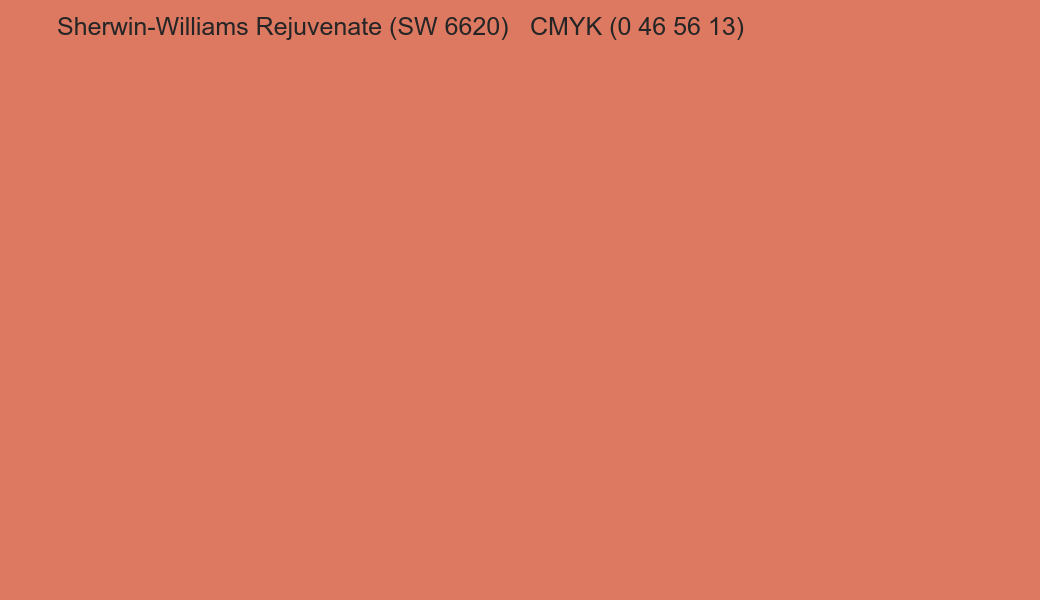 Color Sherwin-Williams Rejuvenate (SW 6620) to CMYK (0 46 56 13) converter Color Sherwin-Williams Rejuvenate (SW 6620) to CMYK (0 46 56 13) converter