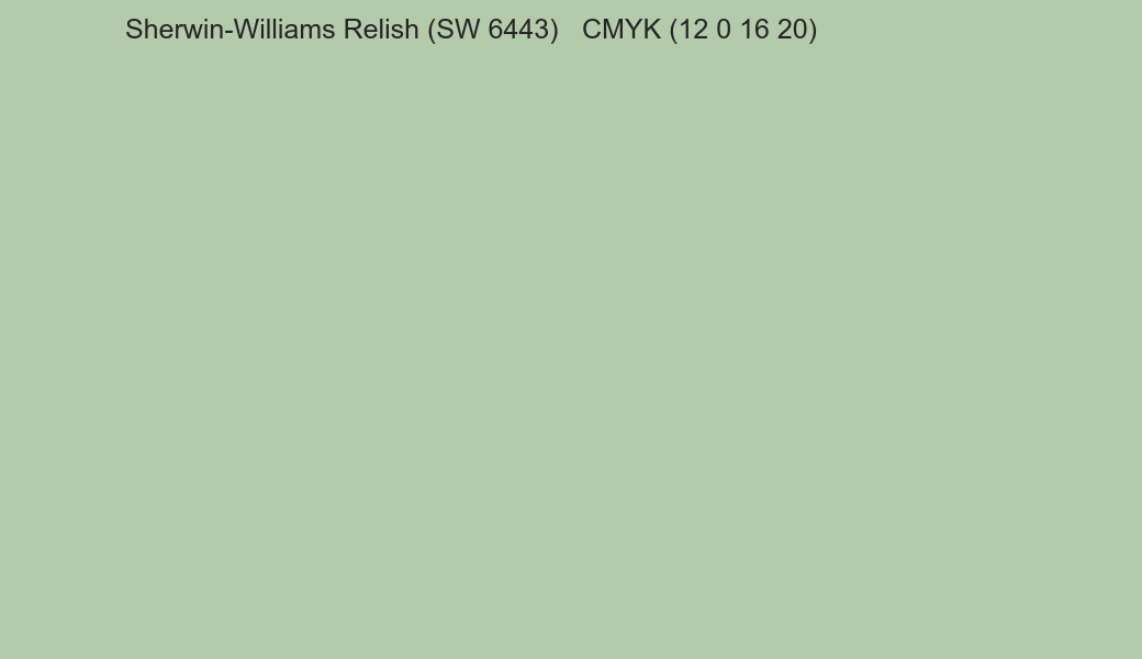 Color Sherwin-Williams Relish (SW 6443) to CMYK (12 0 16 20) converter Color Sherwin-Williams Relish (SW 6443) to CMYK (12 0 16 20) converter