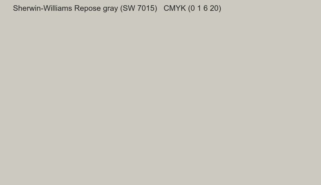 Color Sherwin-Williams Repose gray (SW 7015) to CMYK (0 1 6 20) converter Color Sherwin-Williams Repose gray (SW 7015) to CMYK (0 1 6 20) converter