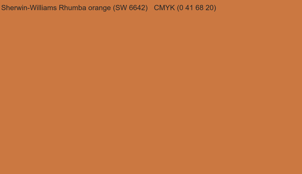 Color Sherwin-Williams Rhumba orange (SW 6642) to CMYK (0 41 68 20) converter Color Sherwin-Williams Rhumba orange (SW 6642) to CMYK (0 41 68 20) converter