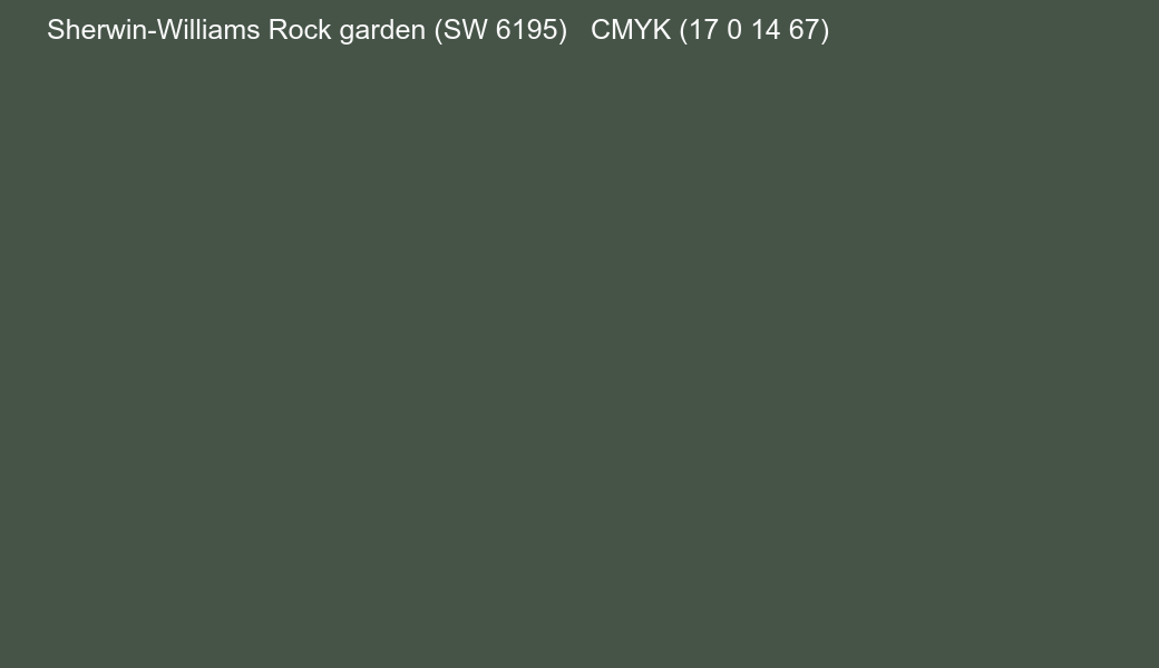 Color Sherwin-Williams Rock garden (SW 6195) to CMYK (17 0 14 67) converter Color Sherwin-Williams Rock garden (SW 6195) to CMYK (17 0 14 67) converter