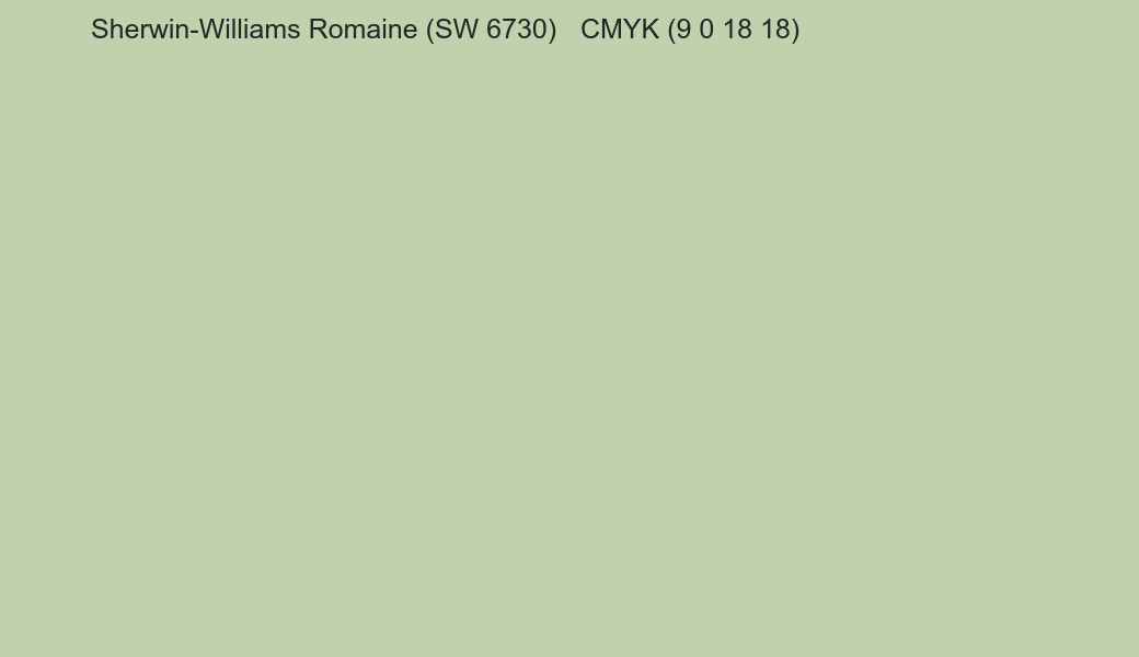Color Sherwin-Williams Romaine (SW 6730) to CMYK (9 0 18 18) converter Color Sherwin-Williams Romaine (SW 6730) to CMYK (9 0 18 18) converter