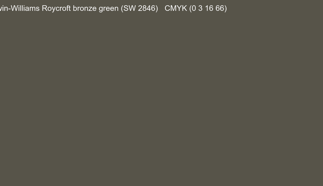 Color Sherwin-Williams Roycroft bronze green (SW 2846) to CMYK (0 3 16 66) converter Color Sherwin-Williams Roycroft bronze green (SW 2846) to CMYK (0 3 16 66) converter