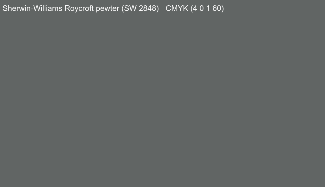 Color Sherwin-Williams Roycroft pewter (SW 2848) to CMYK (4 0 1 60) converter Color Sherwin-Williams Roycroft pewter (SW 2848) to CMYK (4 0 1 60) converter