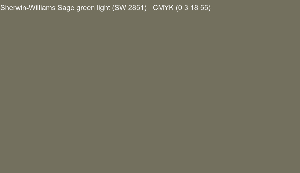 Color Sherwin-Williams Sage green light (SW 2851) to CMYK (0 3 18 55) converter Color Sherwin-Williams Sage green light (SW 2851) to CMYK (0 3 18 55) converter