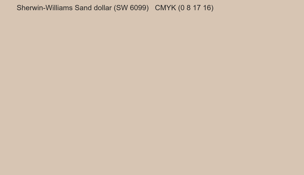 Color Sherwin-Williams Sand dollar (SW 6099) to CMYK (0 8 17 16) converter Color Sherwin-Williams Sand dollar (SW 6099) to CMYK (0 8 17 16) converter