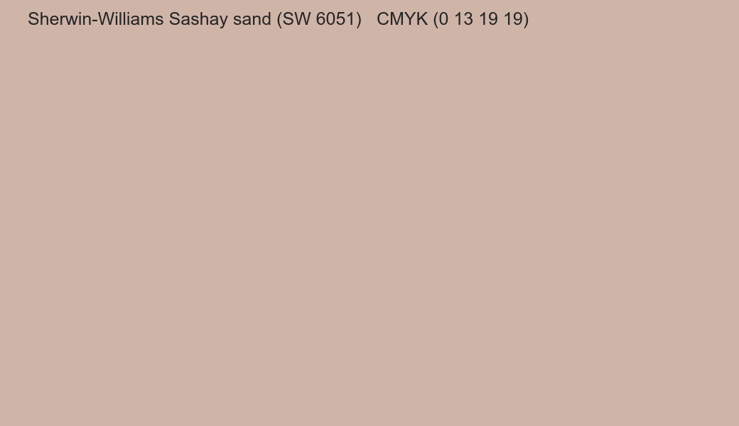 Color Sherwin-Williams Sashay sand (SW 6051) to CMYK (0 13 19 19) converter Color Sherwin-Williams Sashay sand (SW 6051) to CMYK (0 13 19 19) converter