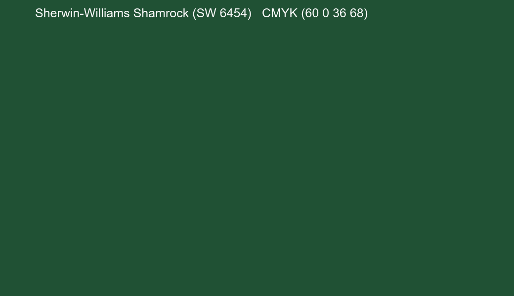 Color Sherwin-Williams Shamrock (SW 6454) to CMYK (60 0 36 68) converter Color Sherwin-Williams Shamrock (SW 6454) to CMYK (60 0 36 68) converter