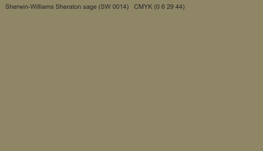 Color Sherwin-Williams Sheraton sage (SW 0014) to CMYK (0 6 29 44) converter Color Sherwin-Williams Sheraton sage (SW 0014) to CMYK (0 6 29 44) converter