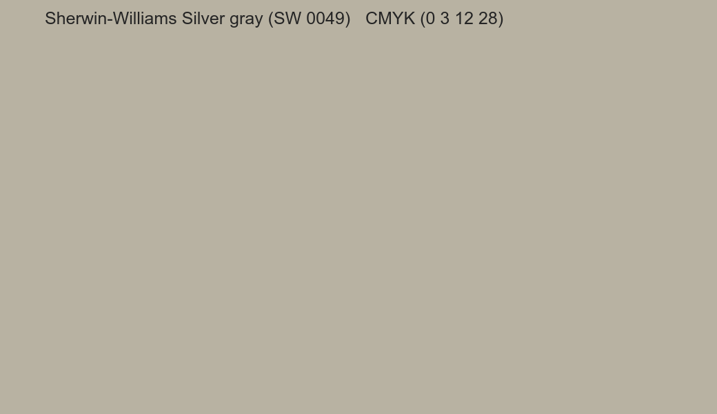 Color Sherwin-Williams Silver gray (SW 0049) to CMYK (0 3 12 28) converter Color Sherwin-Williams Silver gray (SW 0049) to CMYK (0 3 12 28) converter