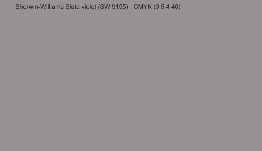 Color Sherwin-Williams Slate violet (SW 9155) to CMYK (0 5 4 40) converter Color Sherwin-Williams Slate violet (SW 9155) to CMYK (0 5 4 40) converter