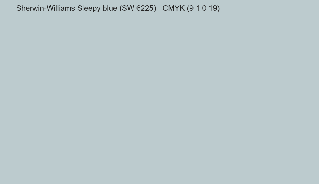 Color Sherwin-Williams Sleepy blue (SW 6225) to CMYK (9 1 0 19) converter Color Sherwin-Williams Sleepy blue (SW 6225) to CMYK (9 1 0 19) converter