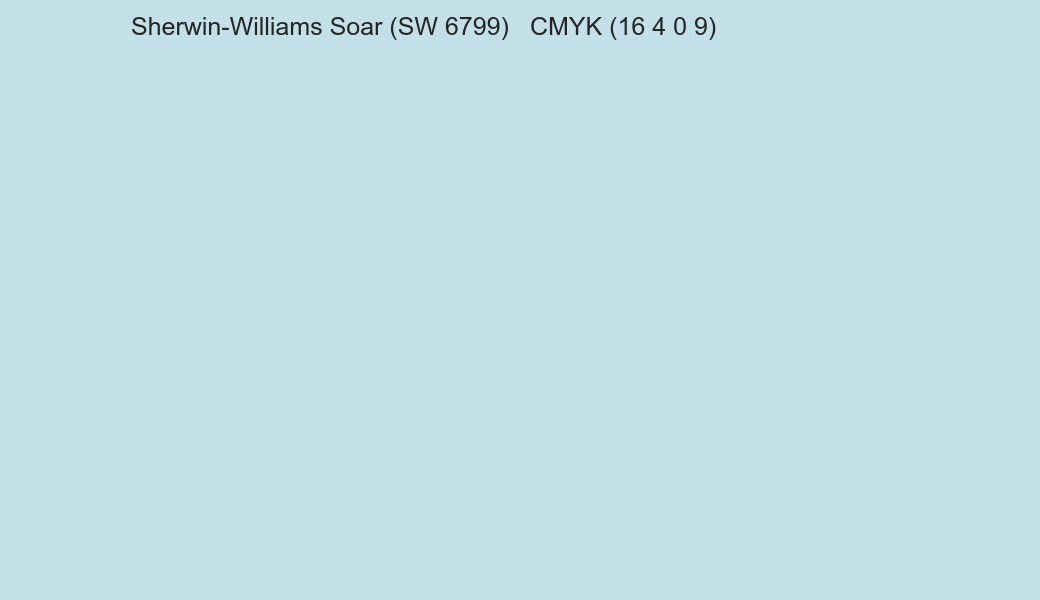 Color Sherwin-Williams Soar (SW 6799) to CMYK (16 4 0 9) converter Color Sherwin-Williams Soar (SW 6799) to CMYK (16 4 0 9) converter