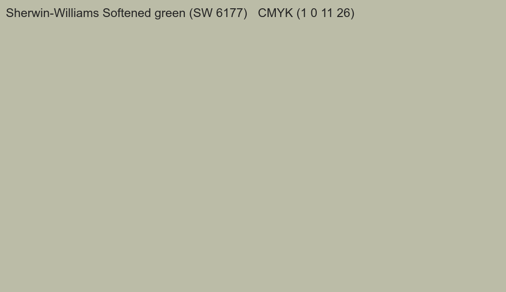 Color Sherwin-Williams Softened green (SW 6177) to CMYK (1 0 11 26) converter Color Sherwin-Williams Softened green (SW 6177) to CMYK (1 0 11 26) converter