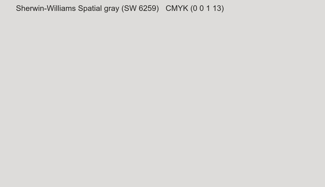 Color Sherwin-Williams Spatial gray (SW 6259) to CMYK (0 0 1 13) converter Color Sherwin-Williams Spatial gray (SW 6259) to CMYK (0 0 1 13) converter