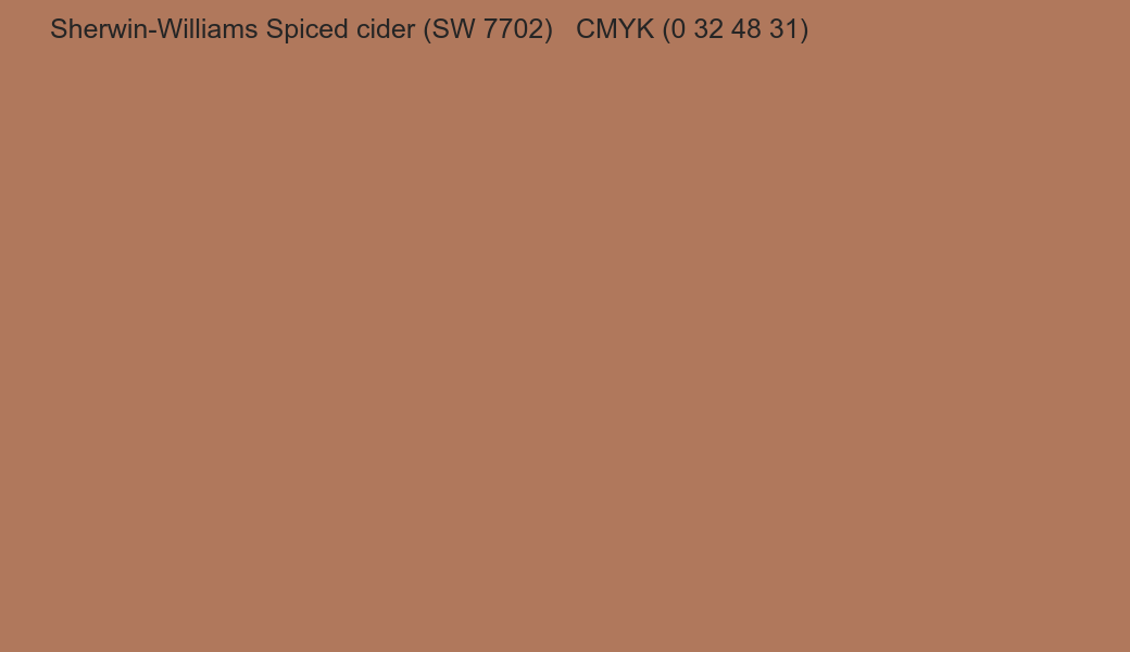 Color Sherwin-Williams Spiced cider (SW 7702) to CMYK (0 32 48 31) converter Color Sherwin-Williams Spiced cider (SW 7702) to CMYK (0 32 48 31) converter