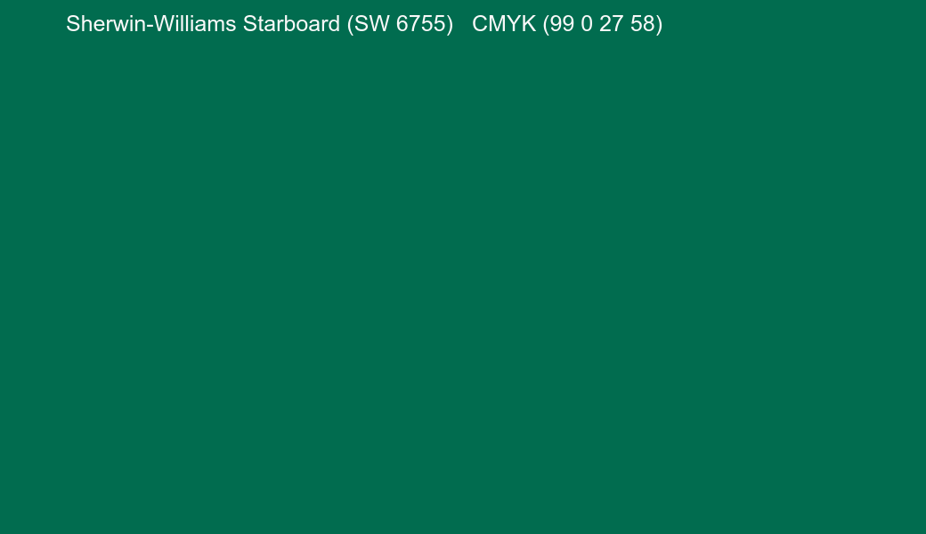 Color Sherwin-Williams Starboard (SW 6755) to CMYK (99 0 27 58) converter Color Sherwin-Williams Starboard (SW 6755) to CMYK (99 0 27 58) converter