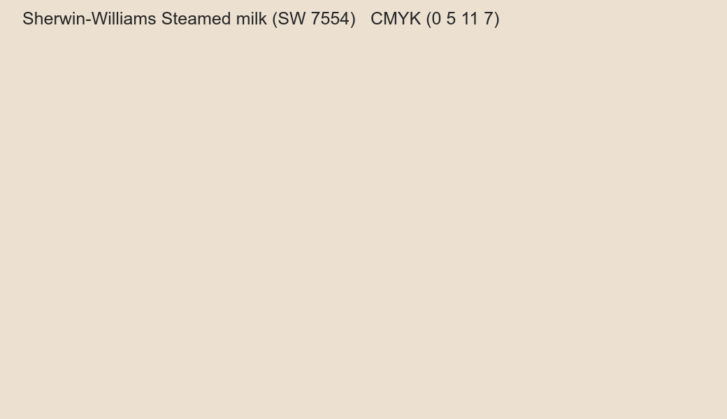 Color Sherwin-Williams Steamed milk (SW 7554) to CMYK (0 5 11 7) converter Color Sherwin-Williams Steamed milk (SW 7554) to CMYK (0 5 11 7) converter