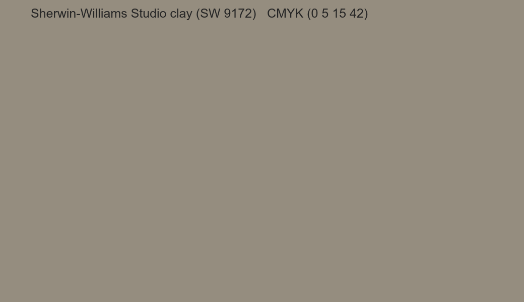 Color Sherwin-Williams Studio clay (SW 9172) to CMYK (0 5 15 42) converter Color Sherwin-Williams Studio clay (SW 9172) to CMYK (0 5 15 42) converter