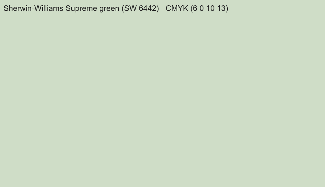 Color Sherwin-Williams Supreme green (SW 6442) to CMYK (6 0 10 13) converter Color Sherwin-Williams Supreme green (SW 6442) to CMYK (6 0 10 13) converter