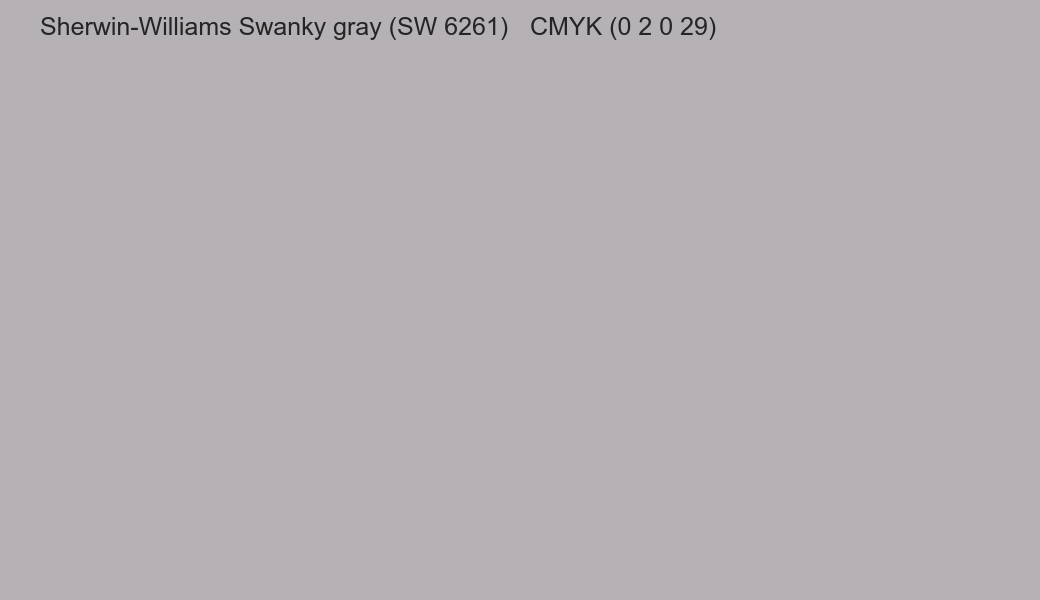 Color Sherwin-Williams Swanky gray (SW 6261) to CMYK (0 2 0 29) converter Color Sherwin-Williams Swanky gray (SW 6261) to CMYK (0 2 0 29) converter