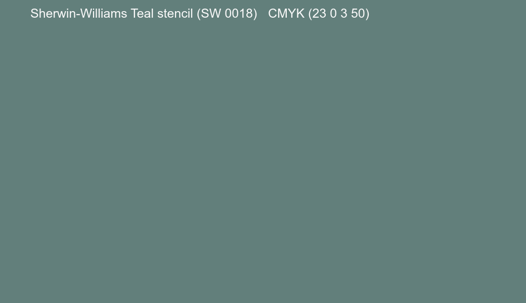 Color Sherwin-Williams Teal stencil (SW 0018) to CMYK (23 0 3 50) converter Color Sherwin-Williams Teal stencil (SW 0018) to CMYK (23 0 3 50) converter