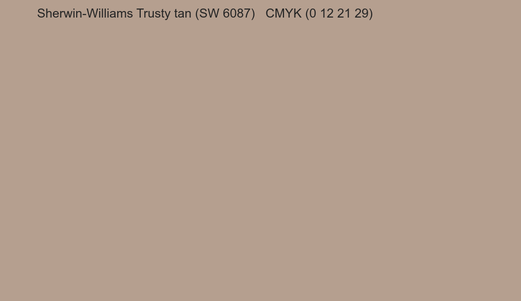 Color Sherwin-Williams Trusty tan (SW 6087) to CMYK (0 12 21 29) converter Color Sherwin-Williams Trusty tan (SW 6087) to CMYK (0 12 21 29) converter