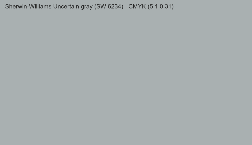 Color Sherwin-Williams Uncertain gray (SW 6234) to CMYK (5 1 0 31) converter Color Sherwin-Williams Uncertain gray (SW 6234) to CMYK (5 1 0 31) converter