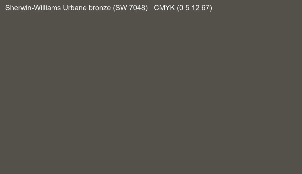 Color Sherwin-Williams Urbane bronze (SW 7048) to CMYK (0 5 12 67) converter Color Sherwin-Williams Urbane bronze (SW 7048) to CMYK (0 5 12 67) converter