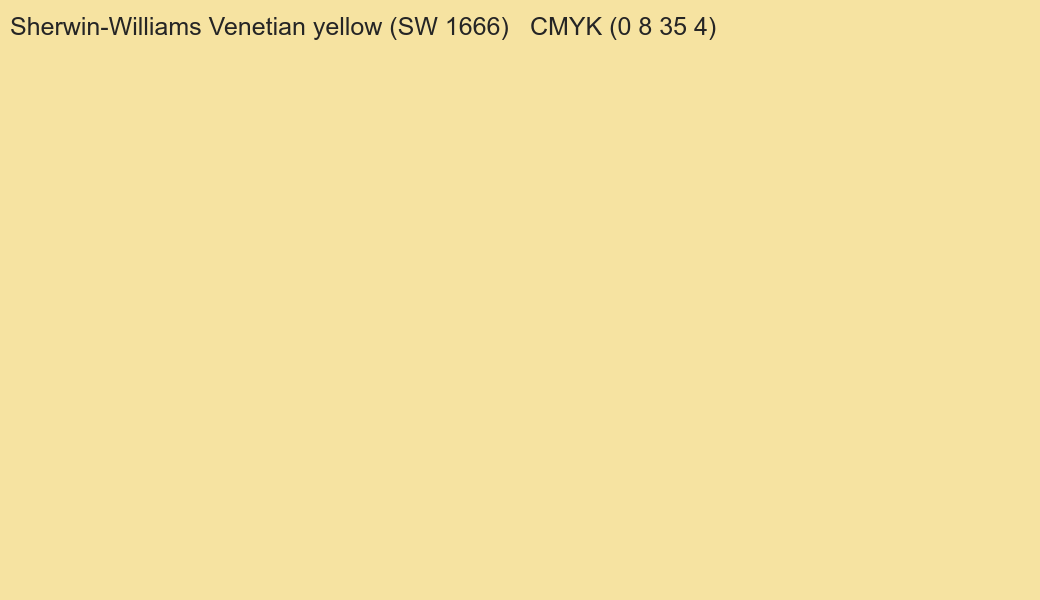 Color Sherwin-Williams Venetian yellow (SW 1666) to CMYK (0 8 35 4) converter Color Sherwin-Williams Venetian yellow (SW 1666) to CMYK (0 8 35 4) converter